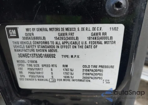 2003 Chevrolet Avalanche 1500 from USA, damaged, VIN 3GNEC13T53G166692